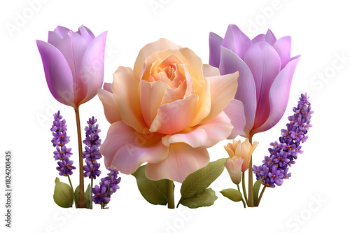 Beautiful arrangement of pink rose purple tulips and lavender flowers.
