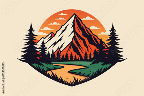 Mountain peak above river among silhouette tree with vibrant orange sunset backdrop is beautiful