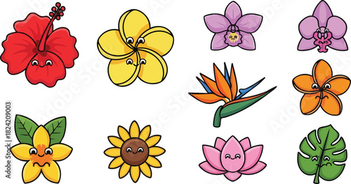 A vibrant collection of cute cartoon flower characters with smiling faces.
