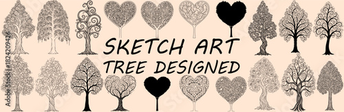 Collection of varied tree sketches and heart shaped tree designs arranged in two rows on light background