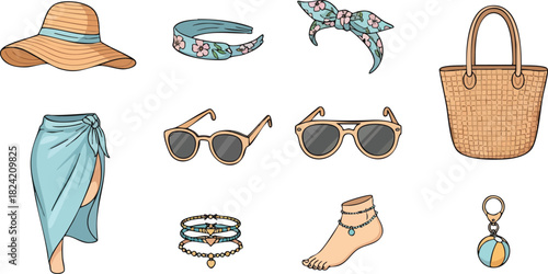 Beach accessories collection summer vacation essentials stylish items fashion elements.