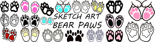 Various cartoon animal paw prints in different colors and styles arranged in a group pattern