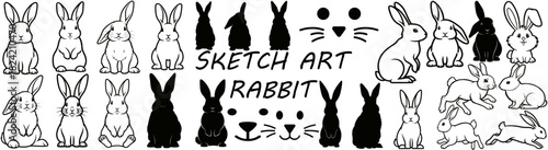 Collection of various rabbit illustrations in black and white line art and silhouette style
