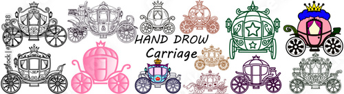 A collection of hand drawn carriages in various styles and colors with crowns on top of each one