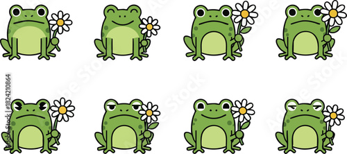 Charming Green Frogs with Daisies A Whimsical Collection.