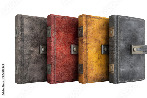 Four antique leather-bound journals with metal clasps in a row.