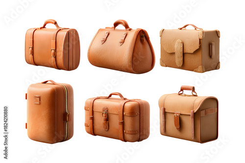 Collection of various brown leather luggage and bags for travel.