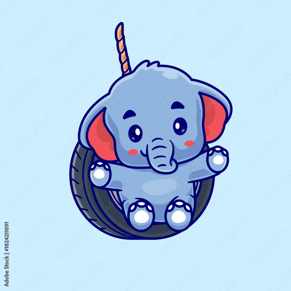 Fototapeta premium Cute Elephant Playing Tire Swing Cartoon