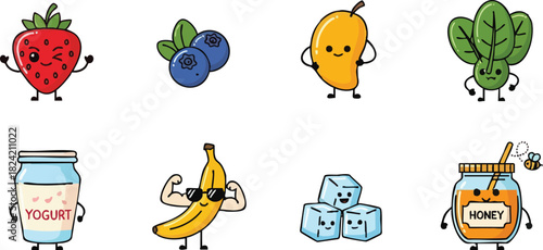 Cartoon Smoothie Ingredients Strawberry Blueberry Mango Spinach Yogurt Banana Ice Honey.