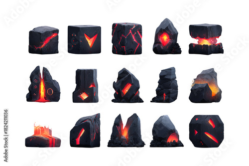 Set of glowing coal and burning charcoal pieces with red hot embers.