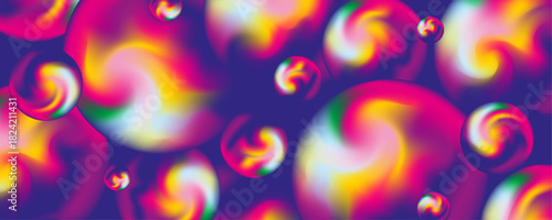 Vibrant blurred gradient spheres and bubbles with swirling rainbow gradientsin neon colors on dark purple background. Psychedelic holographic pattern, Y2K aesthetic. Editable vector illustration.