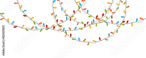Multicolored christmas string lights and new year hanging garland on transparent background. Festive holiday decoration, PNG cutout for cards, banners, overlay. Editable vector illustration.