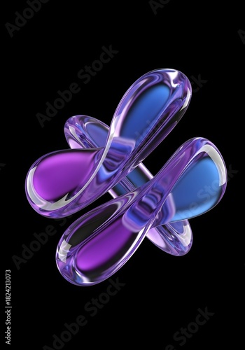 Futuristic abstract design with glassy intertwined shapes in purple and blue on black background for modern artwork