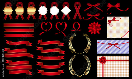 ラッピングやタイトル等に使いやすい赤いリボン色々セット　ラベルや月桂冠も