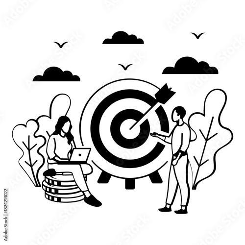 Overcoming Challenges to Hit Goals concept, woman working toward goal, Boss pointing to bullseye vector design, Intrinsic motivation scene, Behavioral Economics banner, Visual cues illustration