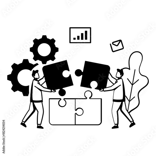 Two Person Building Success Piece by Piece concept, Teamwork Turns problem into powerful solution vector design, Challenges and Quests scene,Behavioral Economics banner, Visual cues illustration