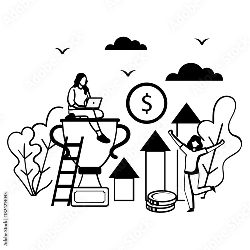 person sitting on large trophy with laptop concept, women celebrating growth and success together vector design, Intrinsic motivation scene, Behavioral Economics banner, Visual cues illustration