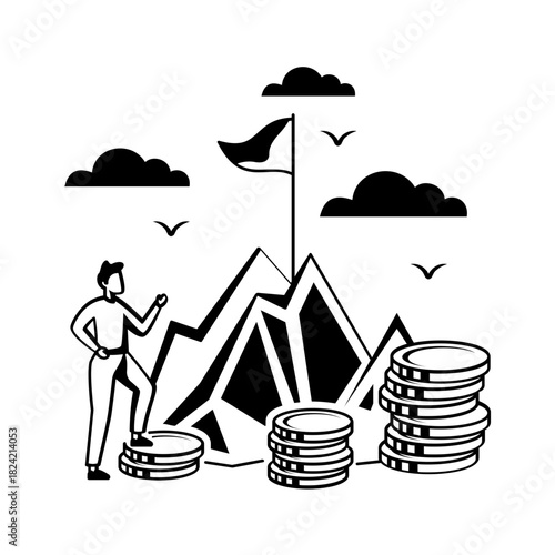 Man Standing Tall on Mountain of Wealth holding victory flag concept, person climbing to financial freedom vector design, Intrinsic motivation scene, Behavioral Economics footage illustration