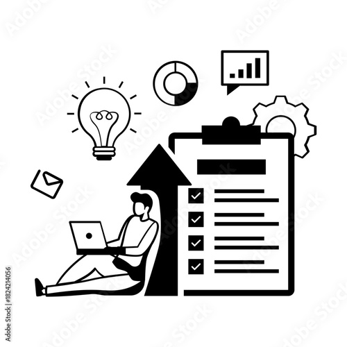 person turning Ideas into action list concept, Man achieving growth through organized planning vector design, Intrinsic motivation scene, Behavioral Economics banner, Visual cues illustration