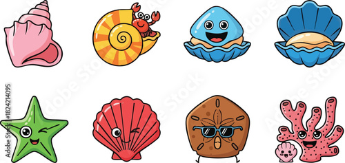 Collection of Cute Cartoon Marine Life and Shells.
