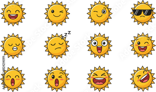 Collection of Cute Cartoon Sun Emoticons with Various Expressions.