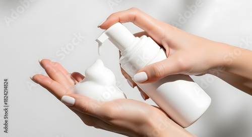 Hands Dispensing Foaming Cleanser from White Pump Bottle