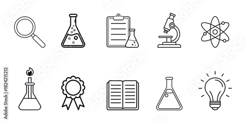 Collection of hand drawn science and education icons including microscope beaker brain and lightbulb isolated on transparent background