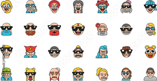 Collection of Diverse Cartoon Character Avatars with Sunglasses.