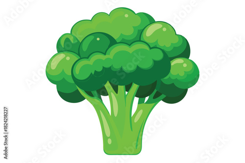 Lush green broccoli head sits against the plain backdrop, showcasing its healthy texture