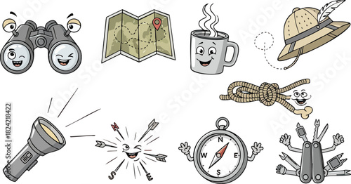 Collection of funny cartoon camping and adventure equipment icons.