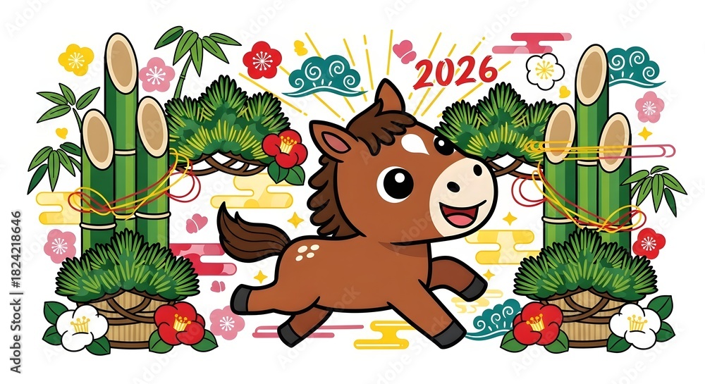 Fototapeta premium Joyful 2026 lunar new year celebration with playful horse and traditional bamboo decor