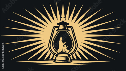 Classic lantern illuminates mother and child with warm radiant light, perfect for holiday themes