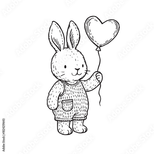 Cute Bunny with Heart Balloon Coloring Postcard. A sweet hand-drawn black and white illustration of a little rabbit holding a heart-shaped balloon, perfect for coloring pages, kids’ postcards and crea