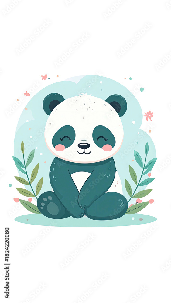 Obraz premium Adorable cartoon panda bear sitting peacefully with closed eyes and rosy cheeks.