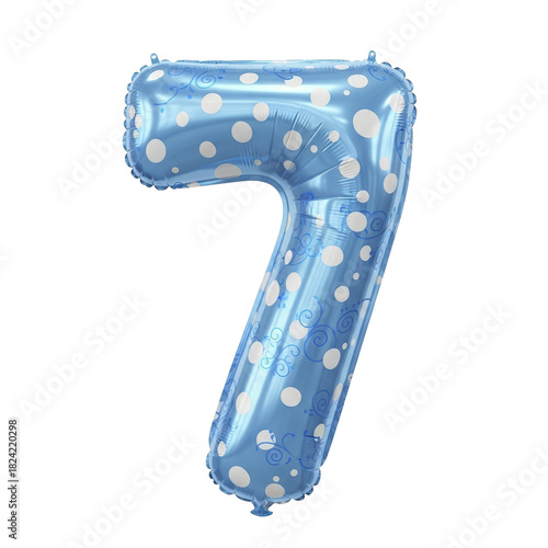 Blue number seven foil balloon with a white polka dot pattern isolated on a white background, perfect for a birthday party or anniversary celebration