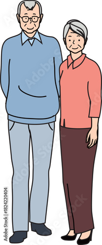 笑顔の高齢夫婦が並ぶシンプルイラスト