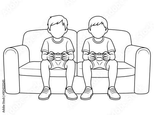Two boys sitting on a couch playing video games with controllers in black and white