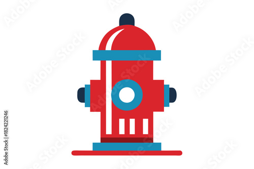 Simplified red fire hydrant with blue accents is shown on a white background
