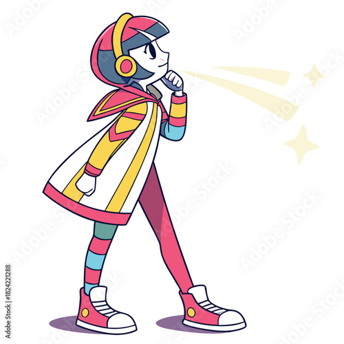 A thoughtful young character wearing headphones and colorful clothing is pondering