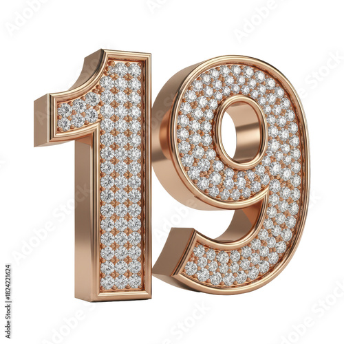 Stunning 3D rendering of the number 19 adorned with brilliant diamonds on a rose gold base, symbolizing luxury and value