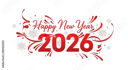 Konstfotografi Festive happy new year 2026 design with red ribbons and fireworks perfect for ho
