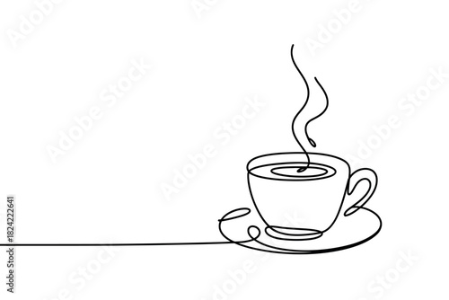 Minimalist single line drawing of a steaming cup of coffee on a saucer