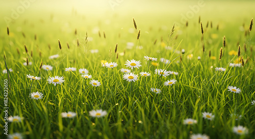Fototapeta Naklejka Na Ścianę i Meble -  Daisies and grass in a field daisy flower meadow summer spring nature plant bloom floral