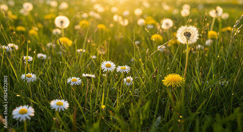 Fototapeta Naklejka Na Ścianę i Meble -  Daisies and dandelions in a field at sunset daisy grass flower spring summer nature
