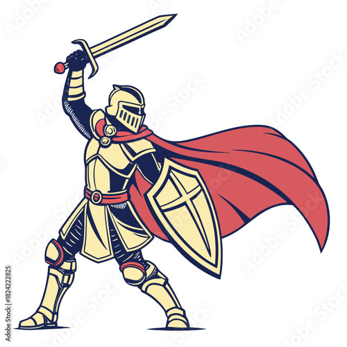 A valiant knight in golden armor raises a sword in a powerful pose