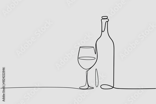 Minimalist single line drawing of wine bottle and glass
