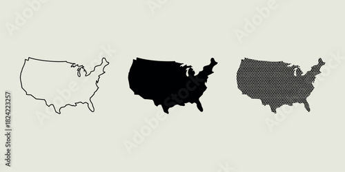 Three united states maps showing outline silhouette and striped pattern