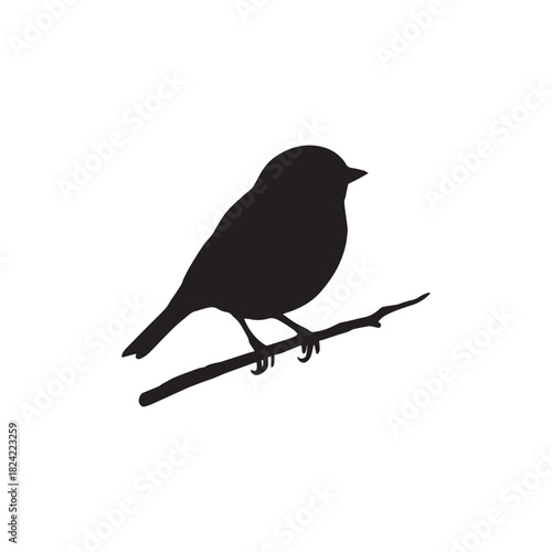 Small Bird Silhouette Perched on a Branch Isolated on White