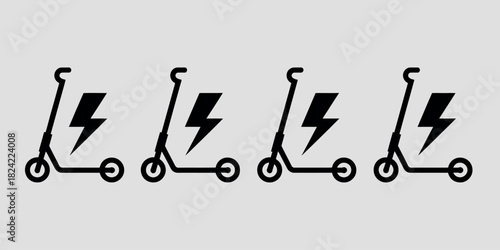 Four electric scooters with lightning bolt symbols on a gray background