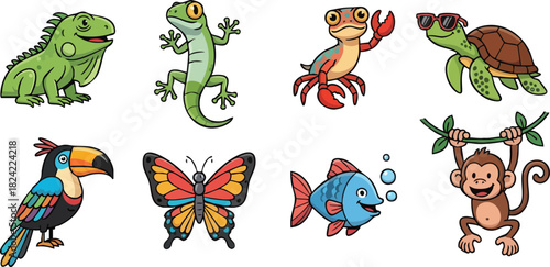 Colorful wildlife animals collection various species vibrant illustrations.